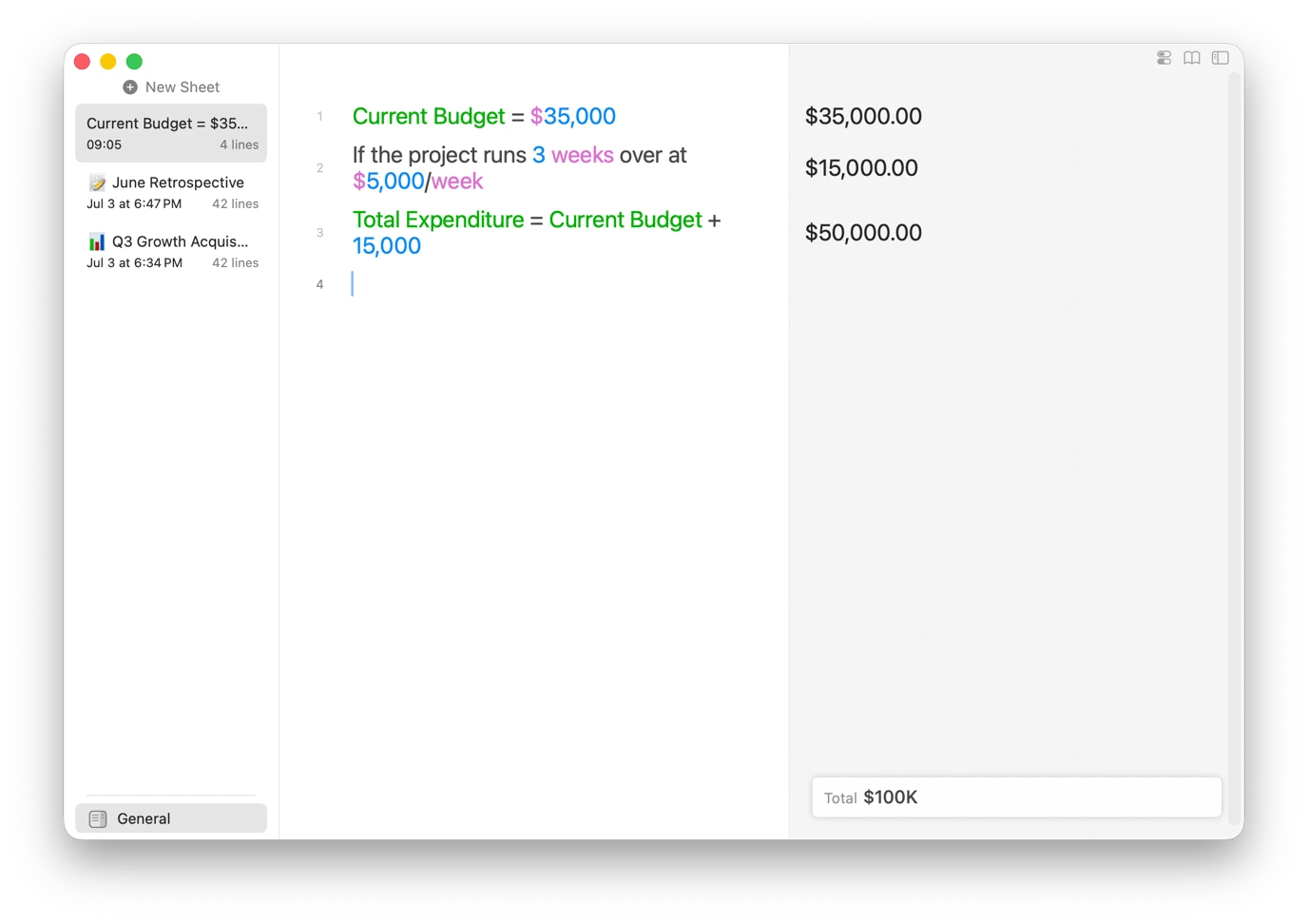 Calculating budget on Soulver, a notes and math tool available on Setapp