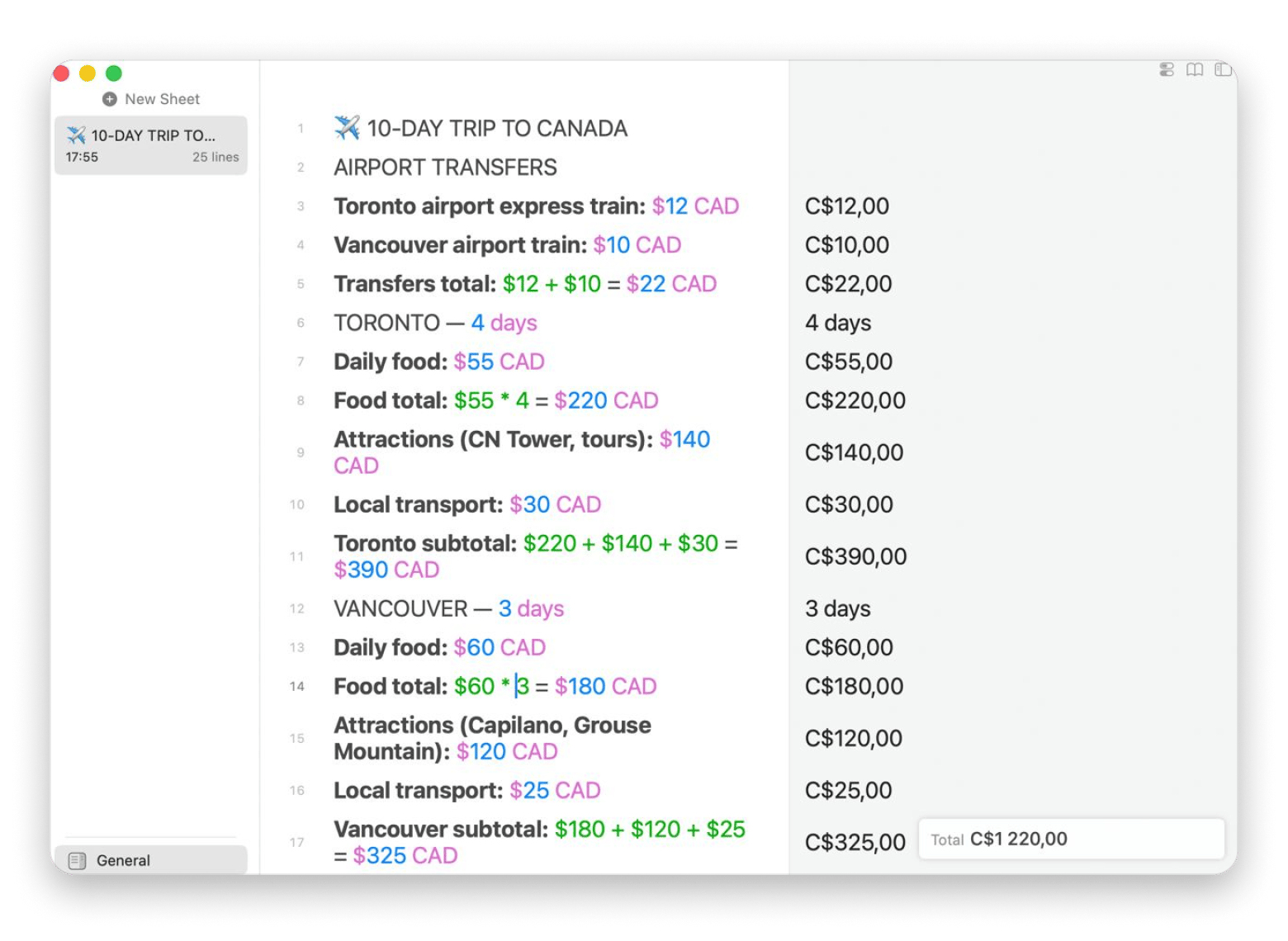 Soulver doing line-by-line calculations, a Mac app available on Setapp