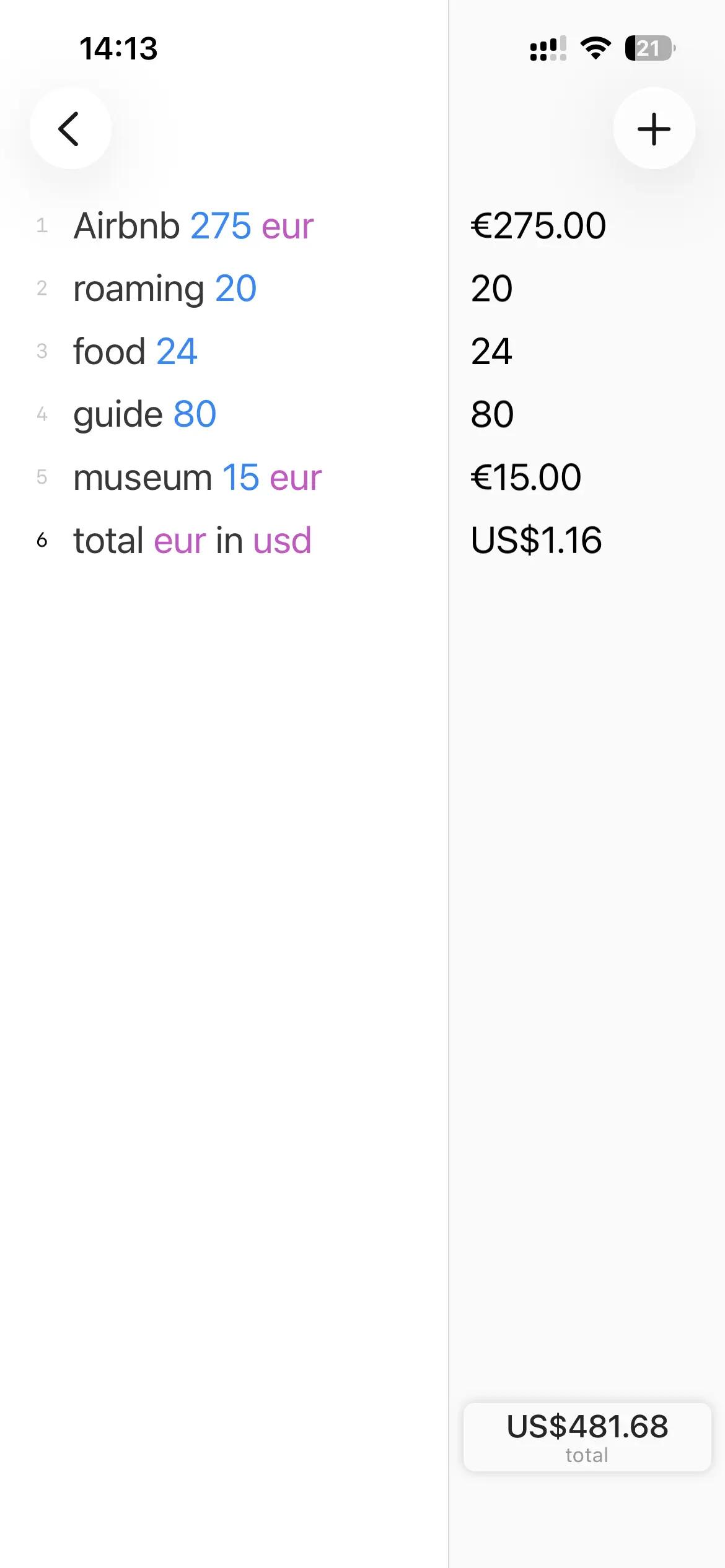 Summarizing travel costs in Soulver, a notepad calculator from Setapp