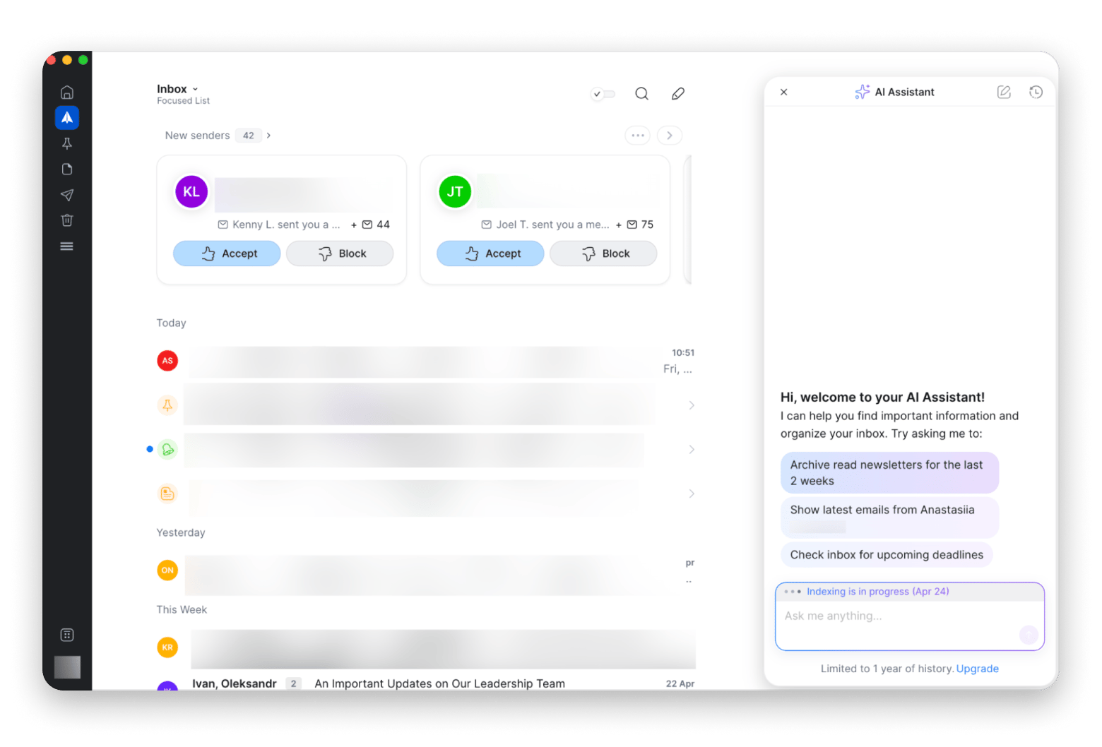 Spark mail inbox and AI assistant window