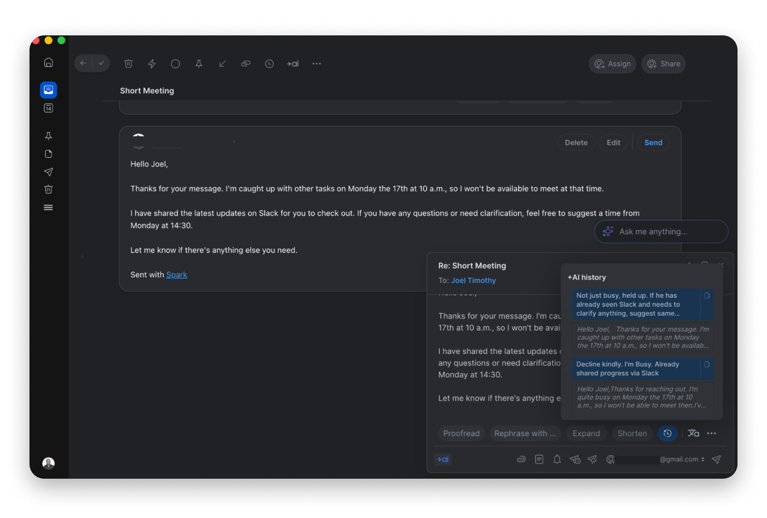 Drafting with AI on Spark Mail, an AI email client available on Setapp. Drafting with AI on Spark Mail, an AI email client available on Setapp.