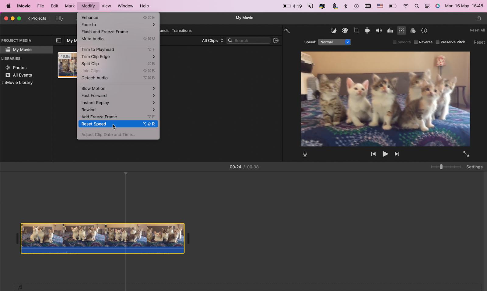 reset speed in iMovie