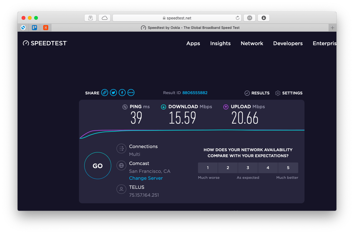 interactive broadband speed test from Ookla