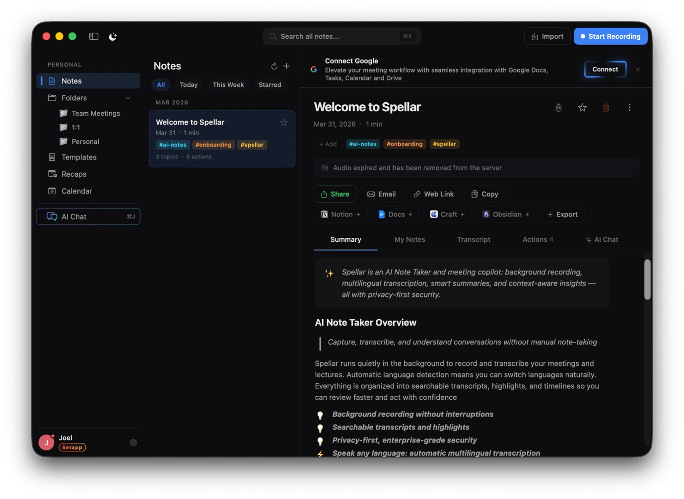The interace of Spellar AI, a transcription tool available on Setapp
