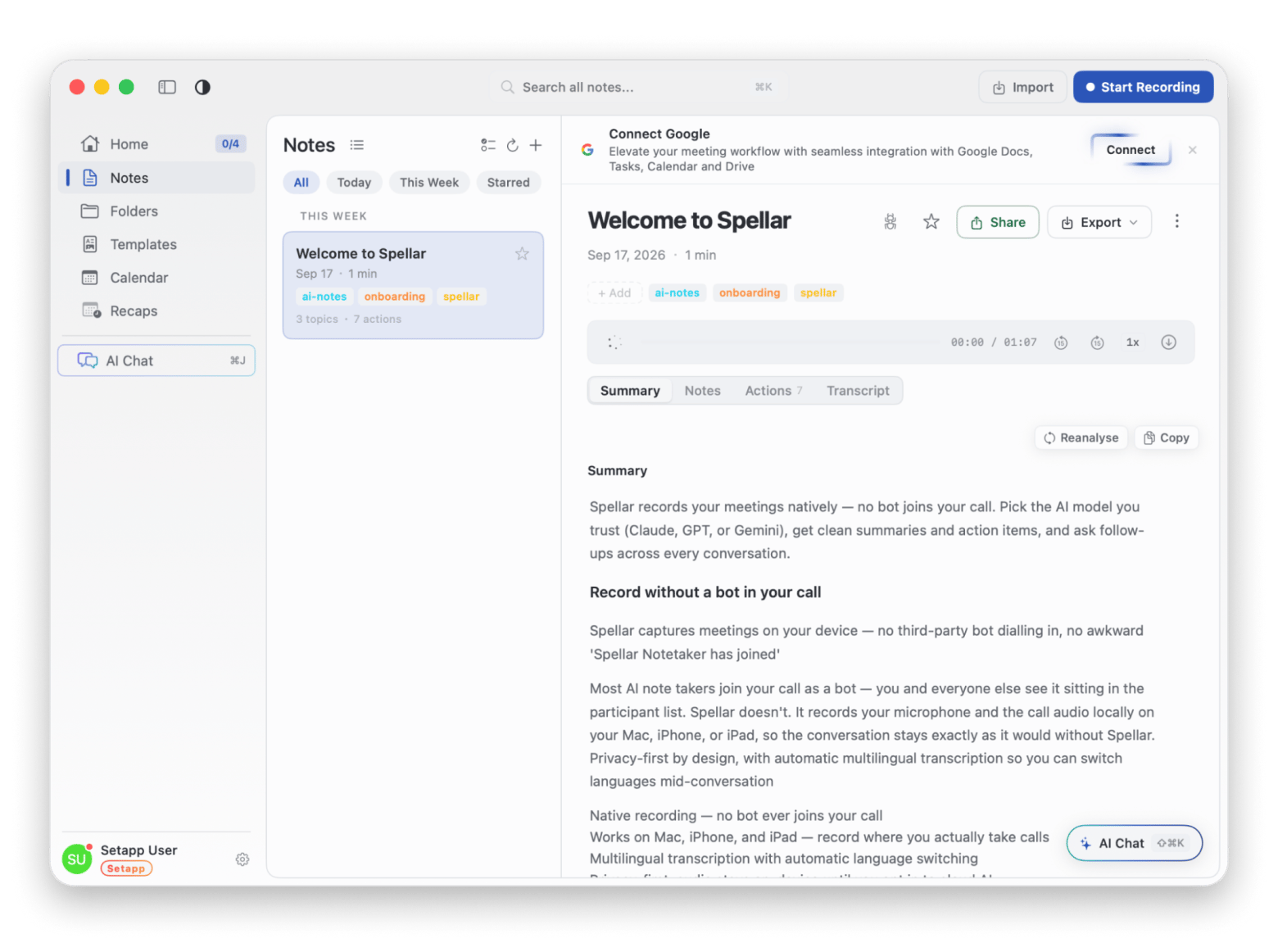Meeting summary notes on Spellar AI, an AI meeting notes app available on Setapp