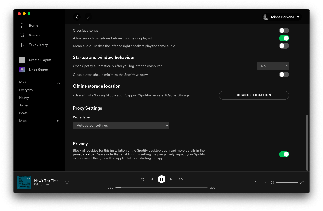 Spotify app’s settings