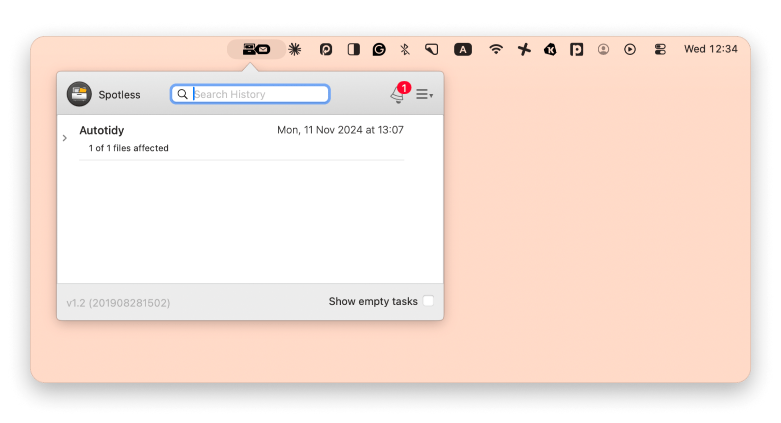 The Spotless menu bar drawer receiving files for auto-organization, a Mac file organizer available on Setapp