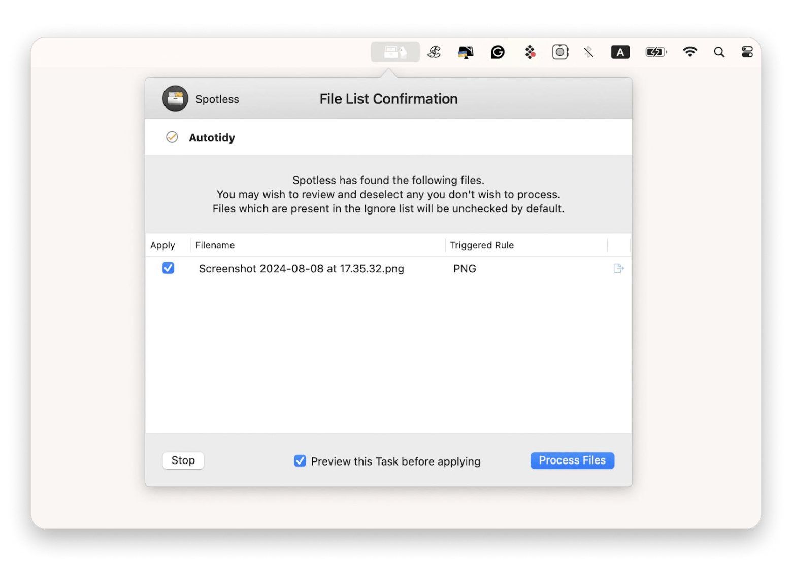 Interface do Spotless com regras de organização automática configuradas para a pasta Downloads no Mac, disponível no Setapp