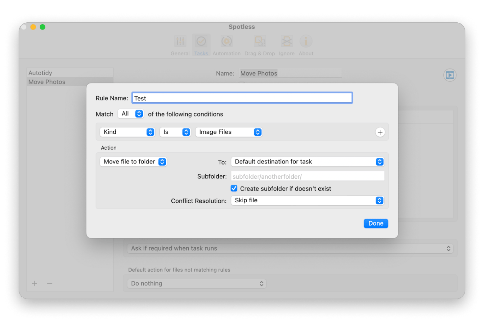 The tasks window of Spotless, a file auto-organizer for Mac, available on Setapp