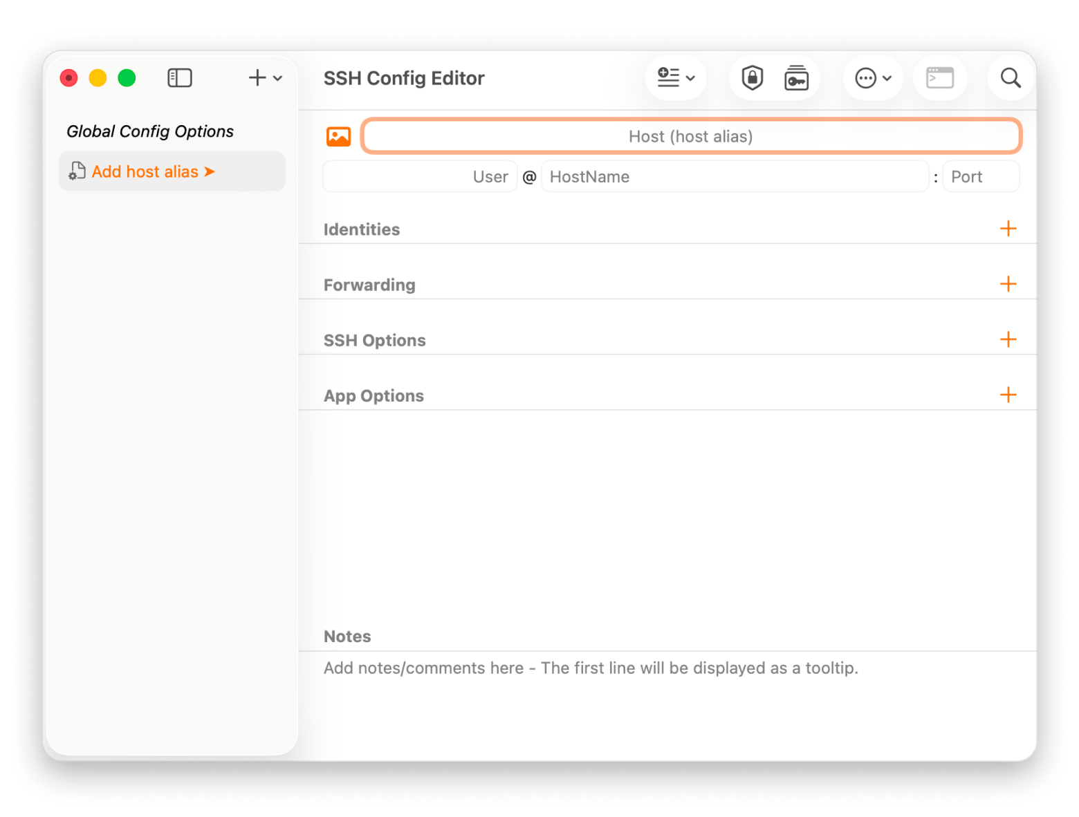 Interfaz de SSH Config Editor gestionando configuraciones OpenSSH visualmente en Mac, disponible en Setapp