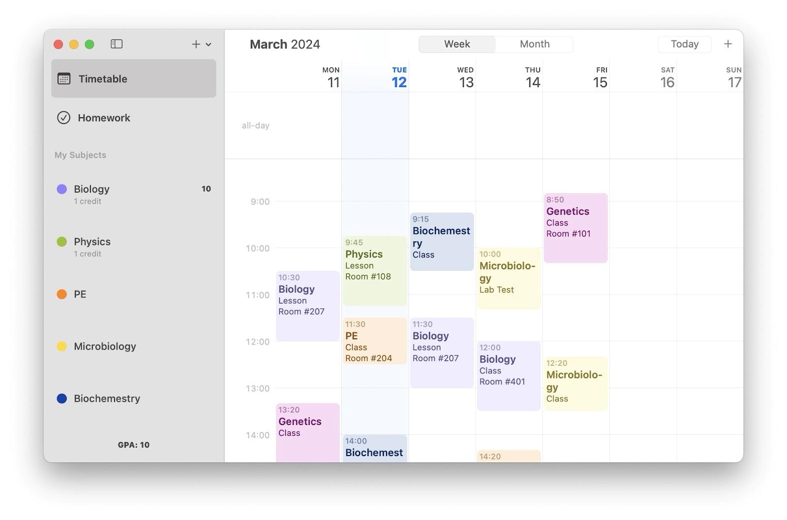 Subjects timetable