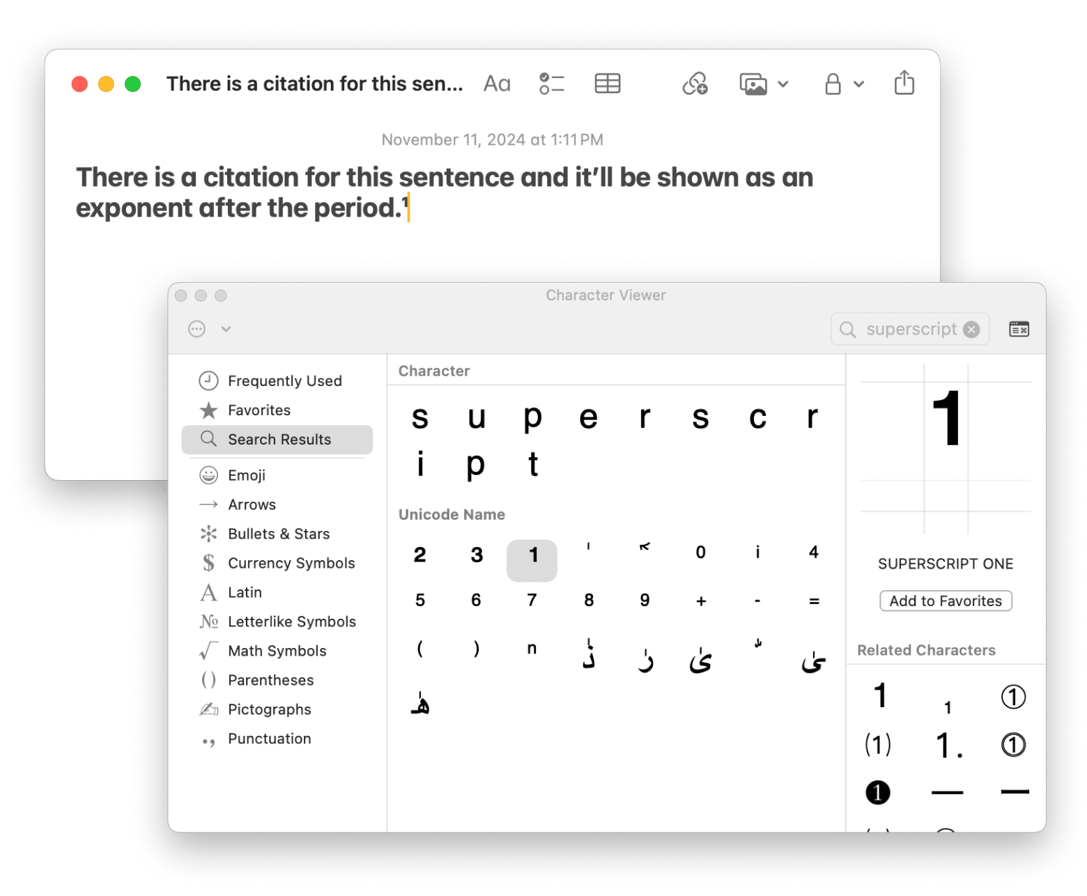 superscript insert notes mac