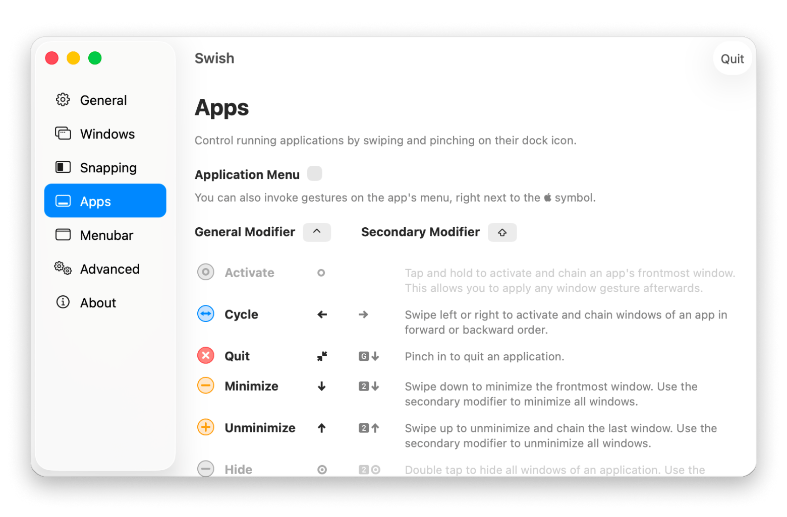 Interface de Swish affichant les 28 gestes trackpad disponibles pour contrôler les fenêtres et apps sur Mac, disponible sur Setapp