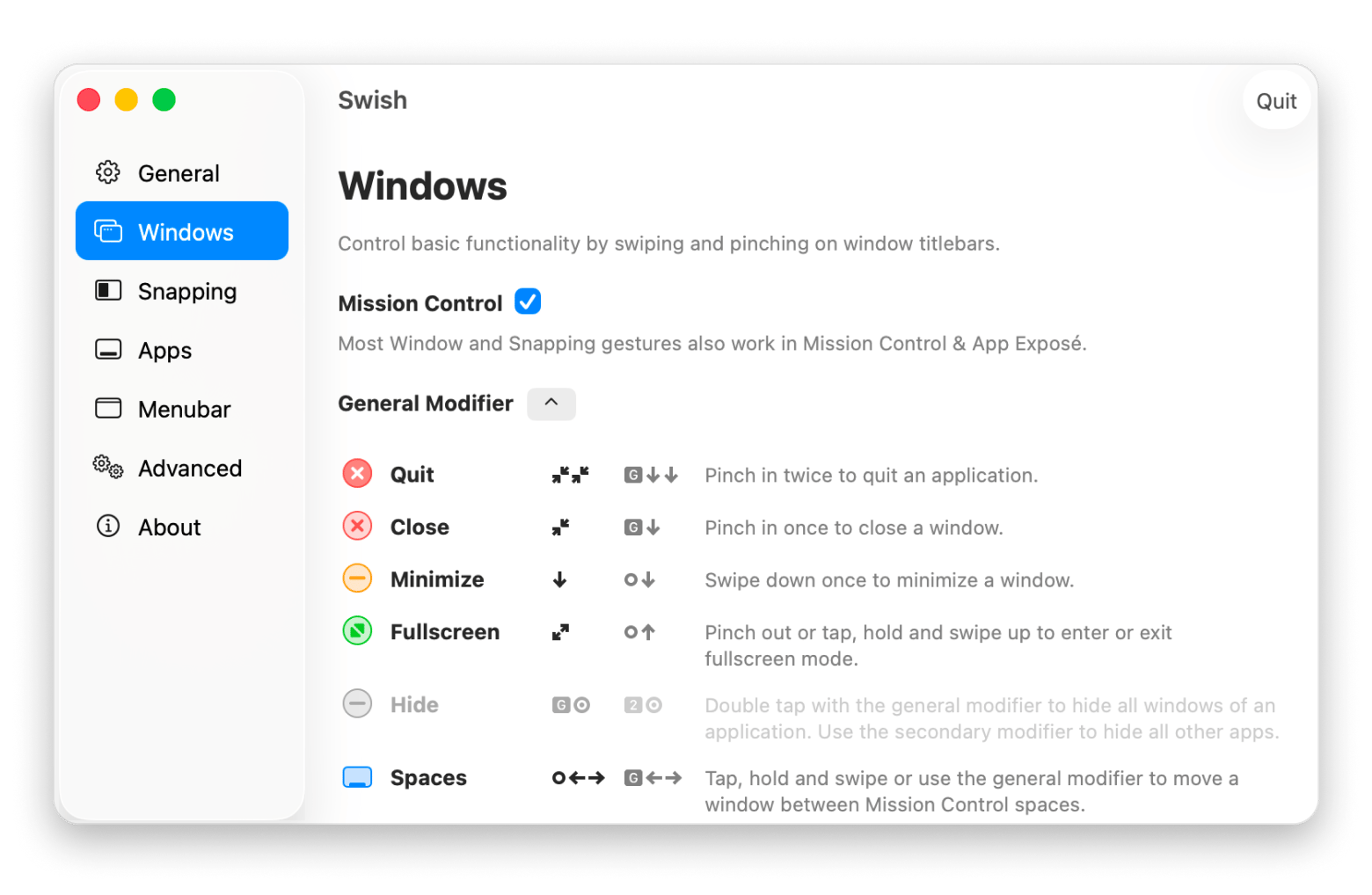Interface do Swish mostrando os 28 gestos de trackpad disponíveis para gerenciamento de janelas no Mac, disponível no Setapp