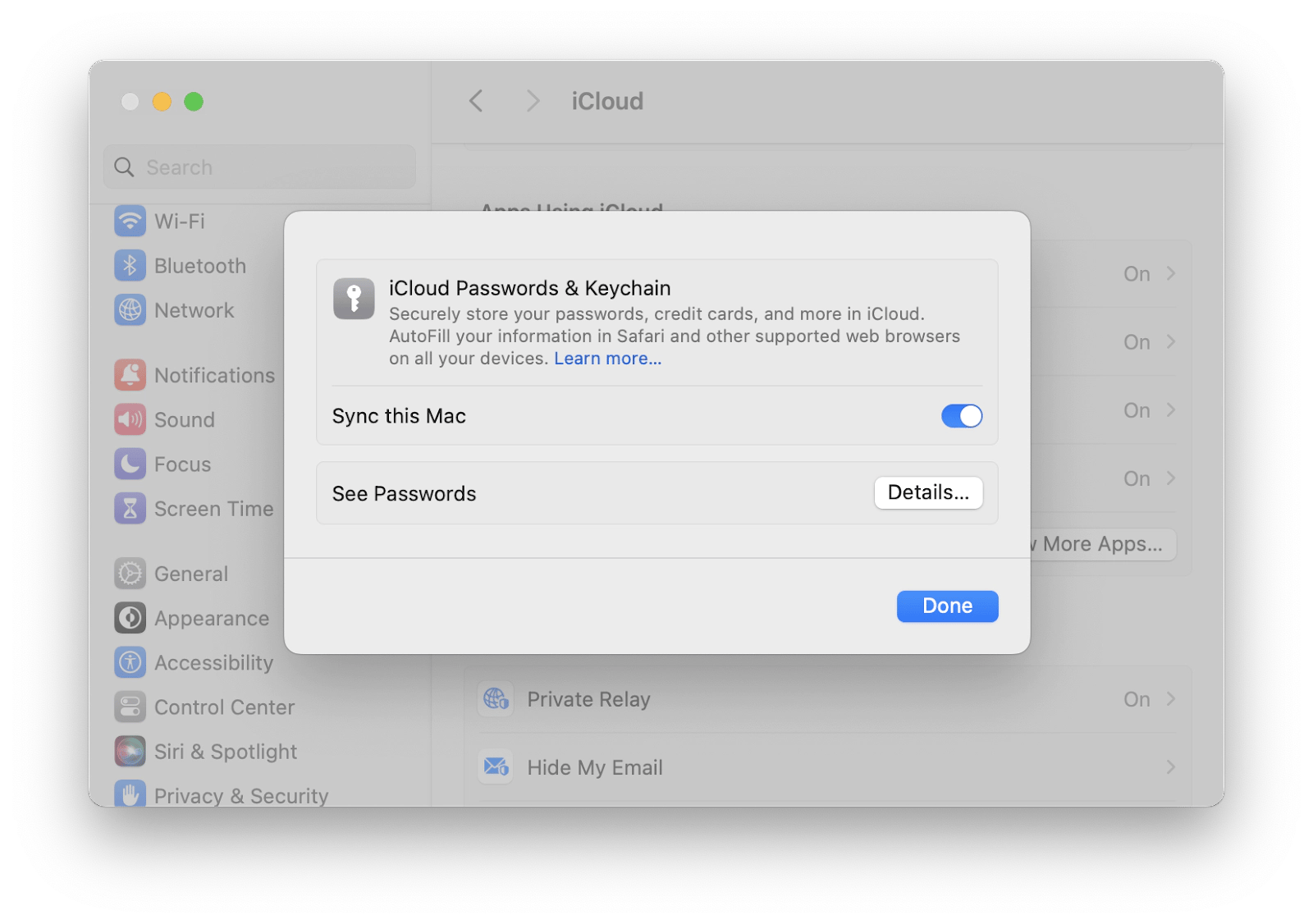 iCloud Passwords & Keychain settings