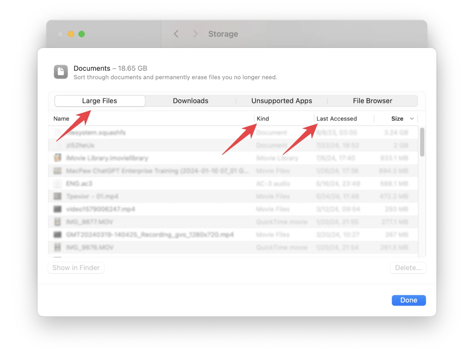 review large files using System Settings