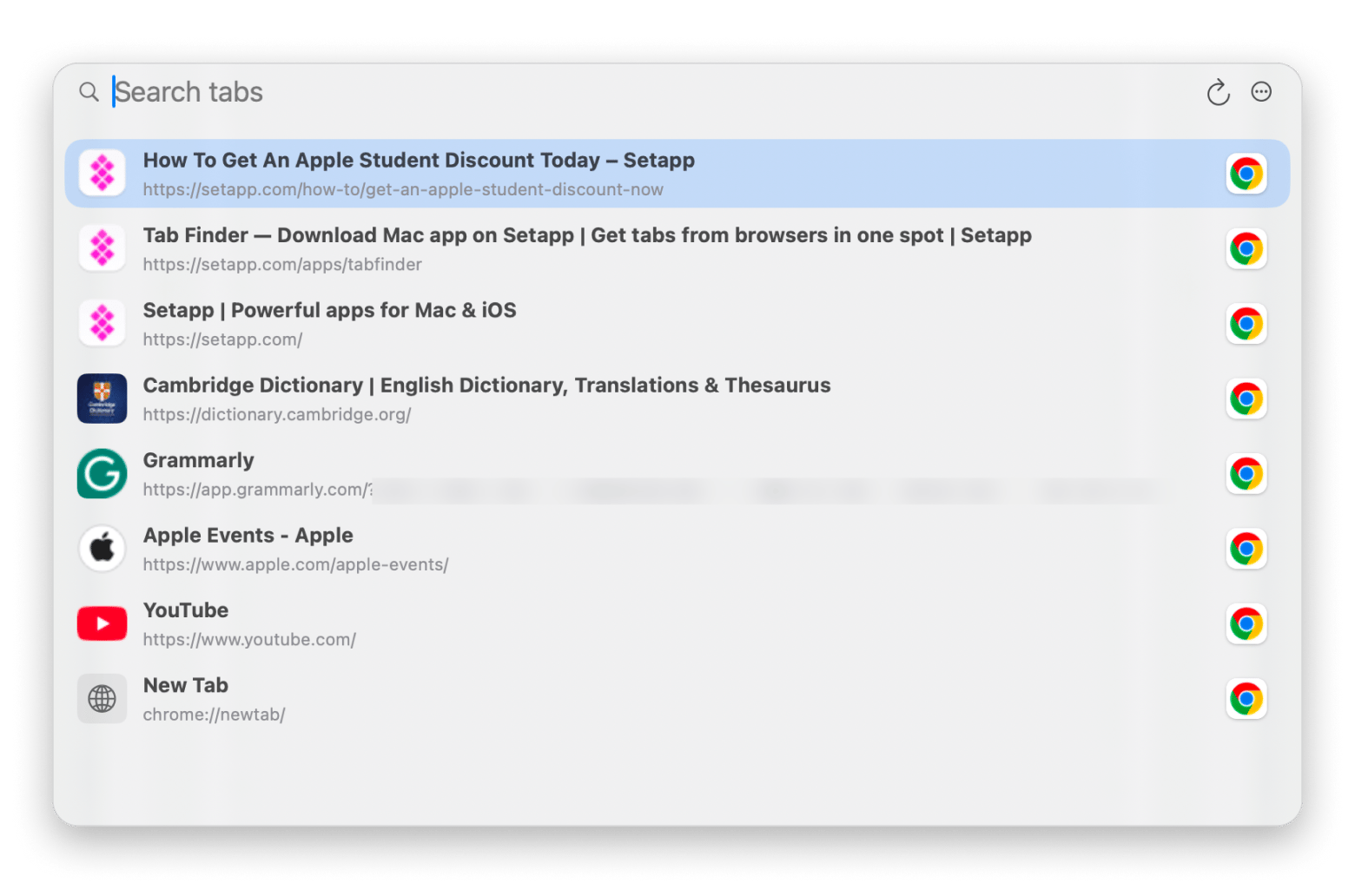 Tabs list screen of Tab Finder, a Mac browser tab manager available on Setapp
