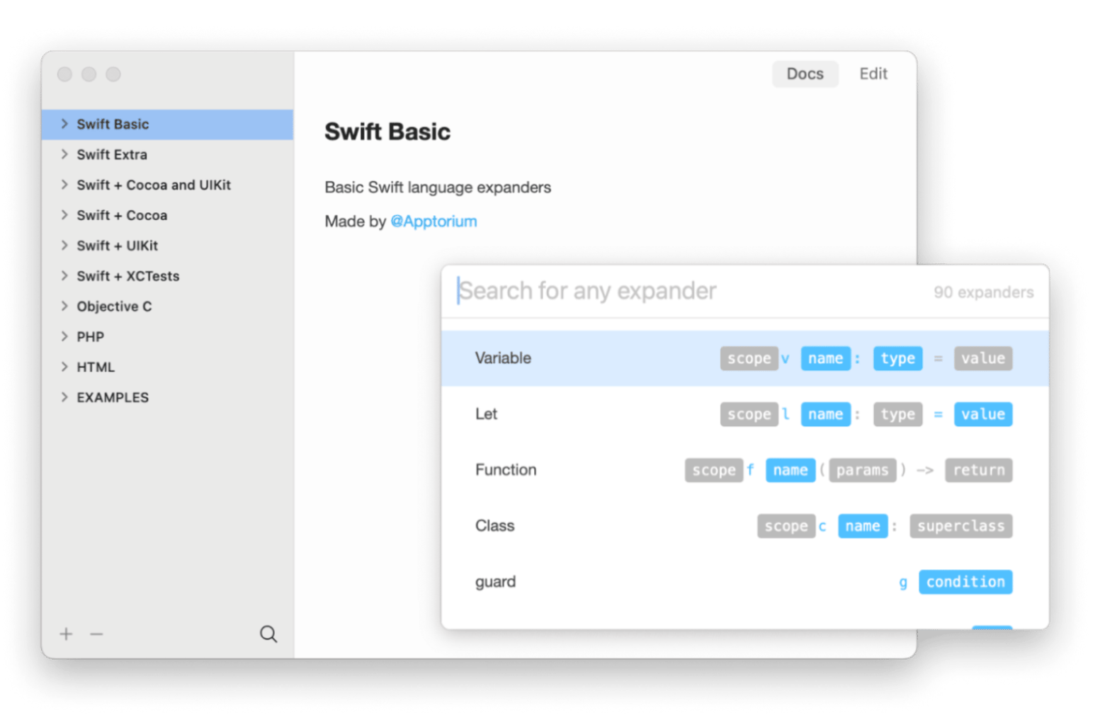 TeaCode insertando fragmentos de código con autocompletado
