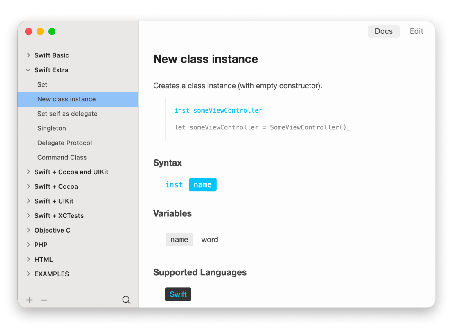 Interface de TeaCode montrant l'expansion d'un snippet de code via un raccourci clavier dans un éditeur de code sur Mac, disponible sur Setapp