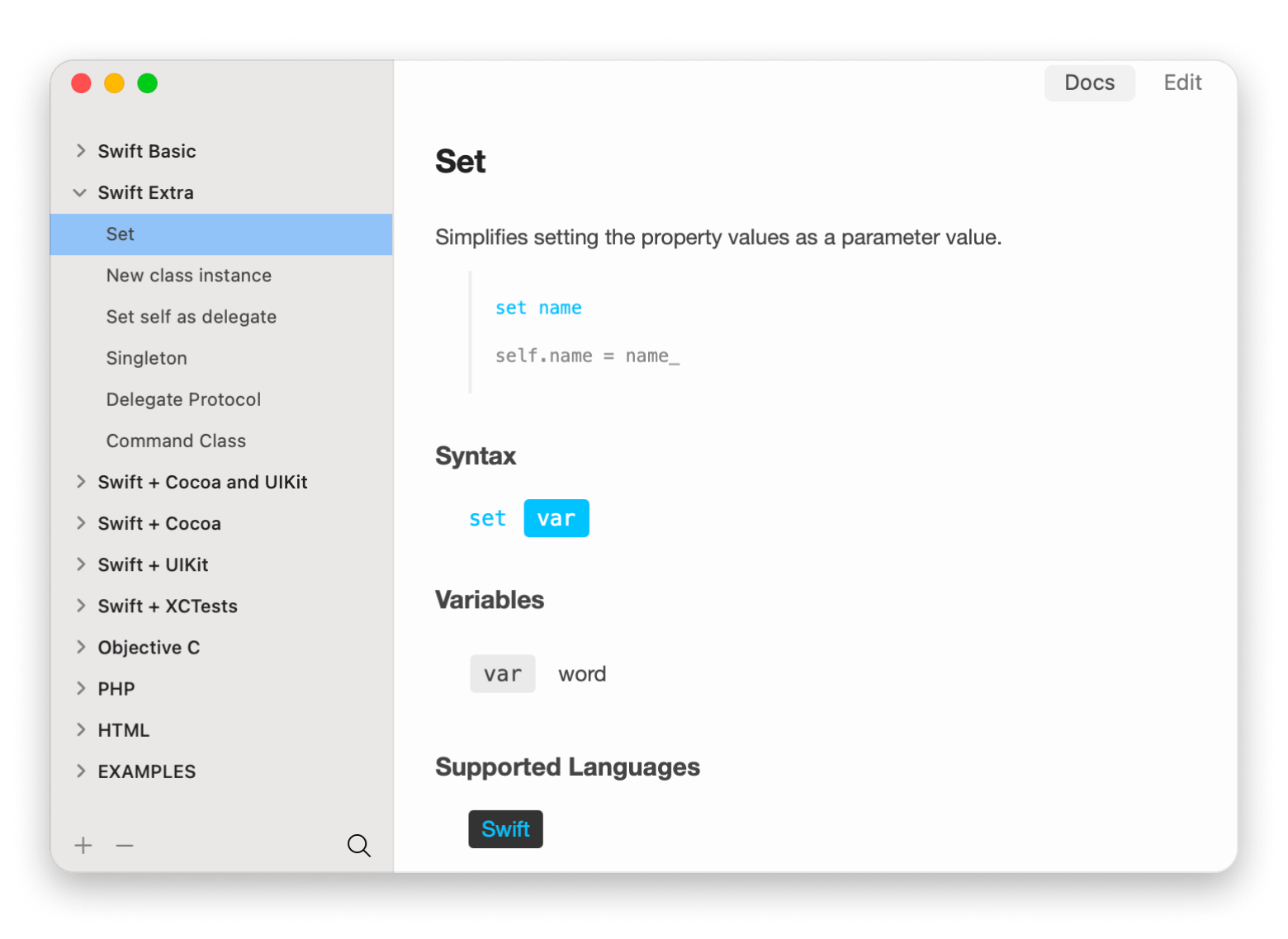 Interface do TeaCode mostrando a expansão de um snippet de código por atalho no Mac, disponível no Setapp