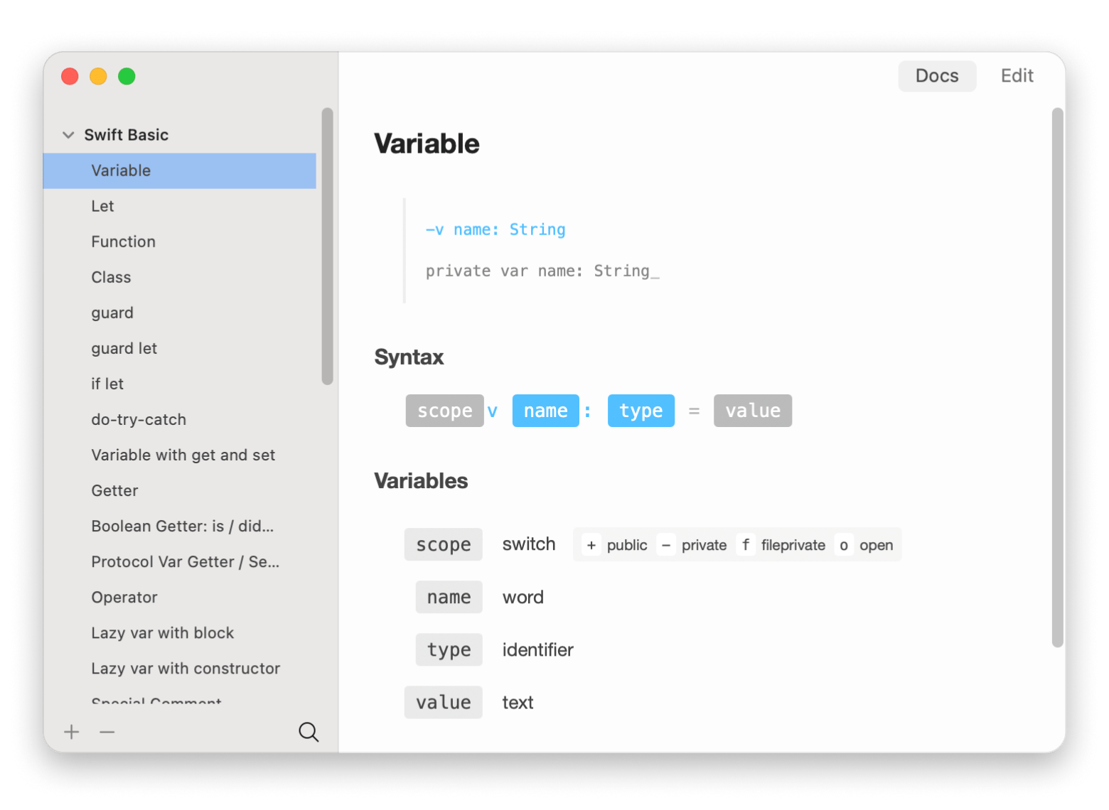 Variable tab in TeaCode, an app for developers that is available on Setapp