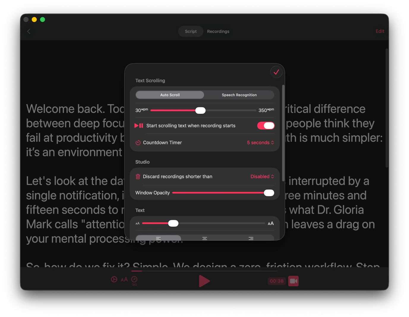 Text scrolling adjustment in Teleprompter App, a teleprompter tool available on Setapp
