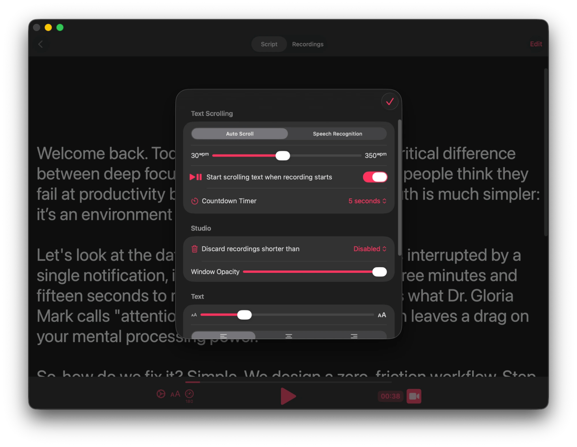 Customizing auto-scrolling and recording settings in Teleprompter App, a teleprompter app from Setapp
