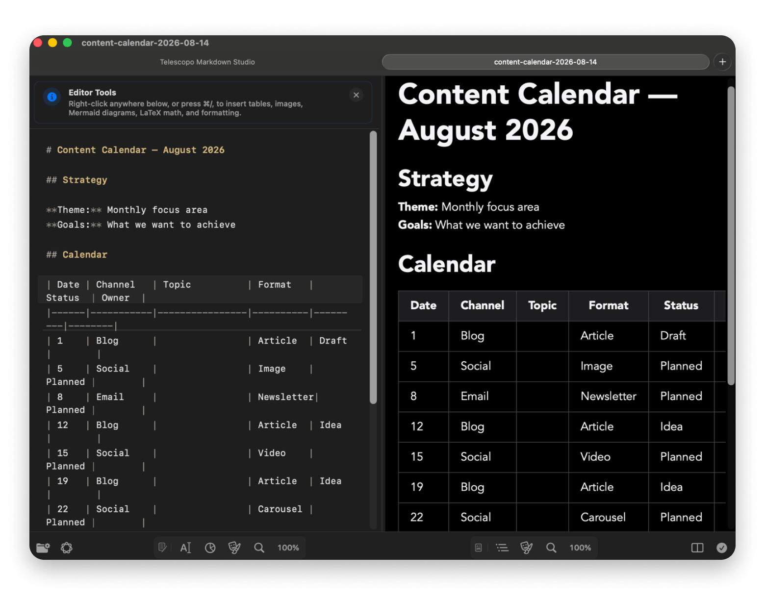 The main interface of Telescopo, a Markdown app available on Setapp. The main interface of Telescopo, a Markdown app available on Setapp.