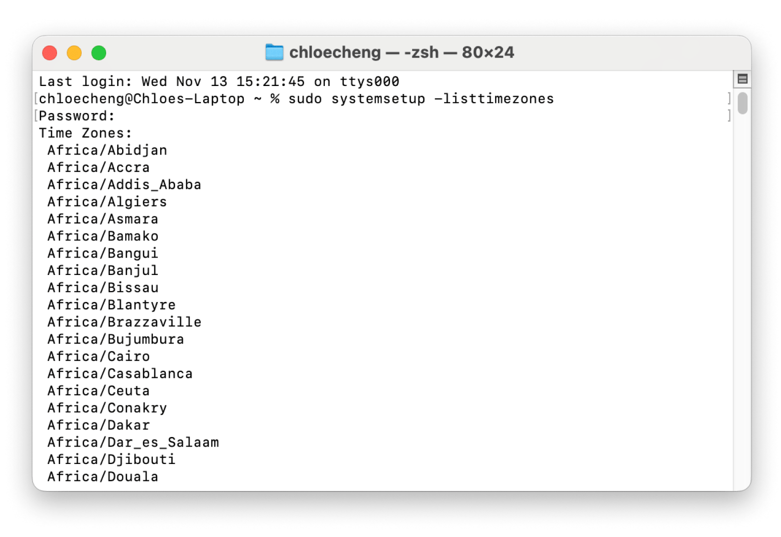 terminal list time zones