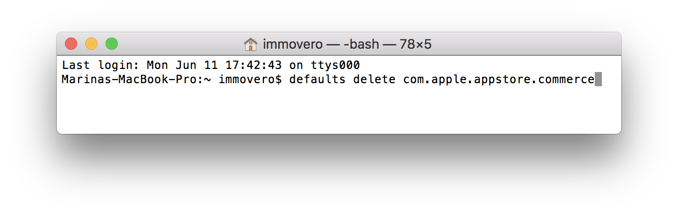 defaults delete com.apple.appstore.commerce