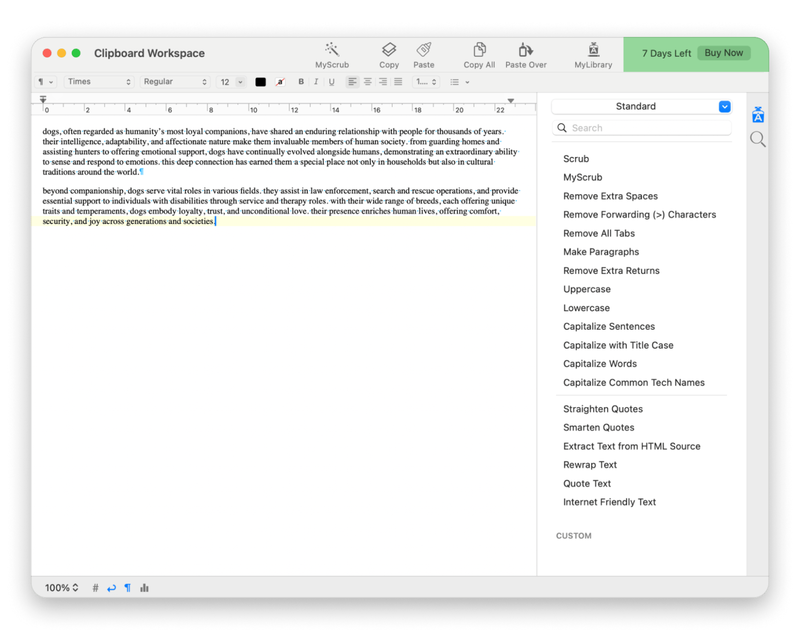 Clipboard Workspace of TextSoap, a text cleanup app that's available on Setapp