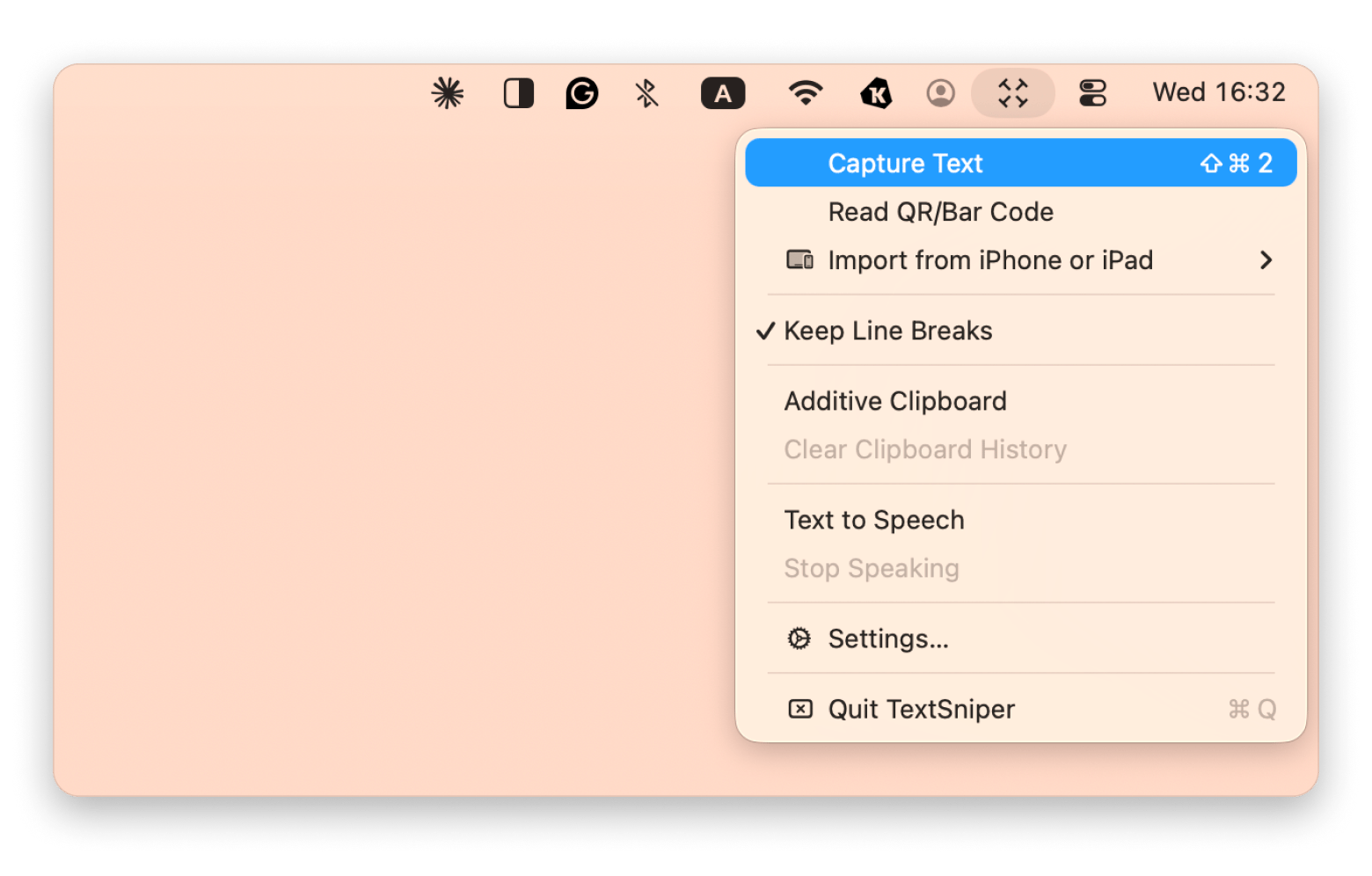 The menu bar of TextSniper, an OCR app that is available on Setapp.