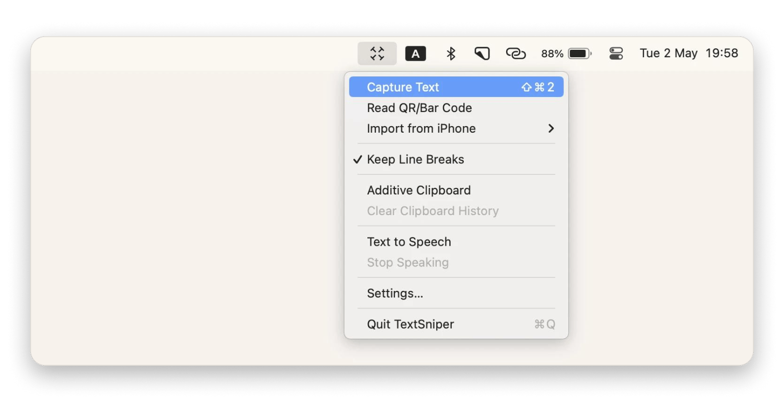 Interface do TextSniper extraindo texto de uma área selecionada da tela, disponível no Setapp