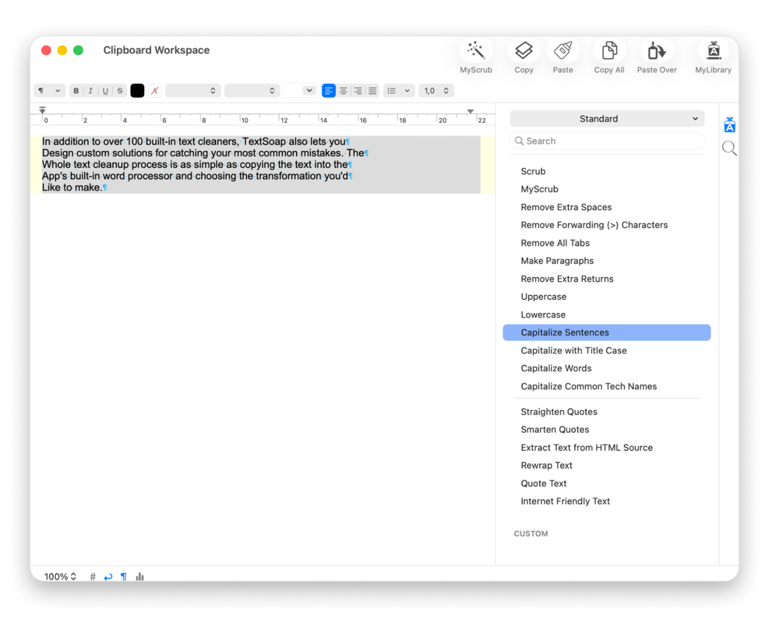The interface of TextSoap, a text cleanup automation app available on Setapp