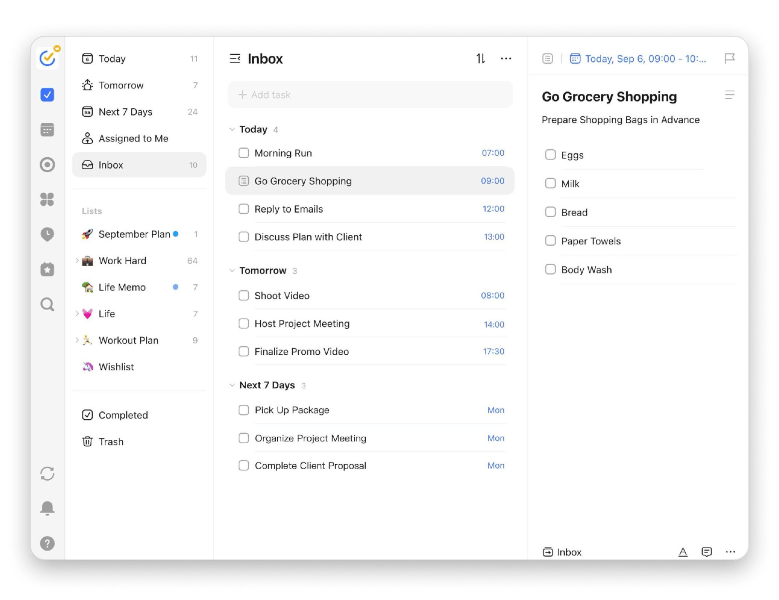 The interface of Ticktick task planner on Mac