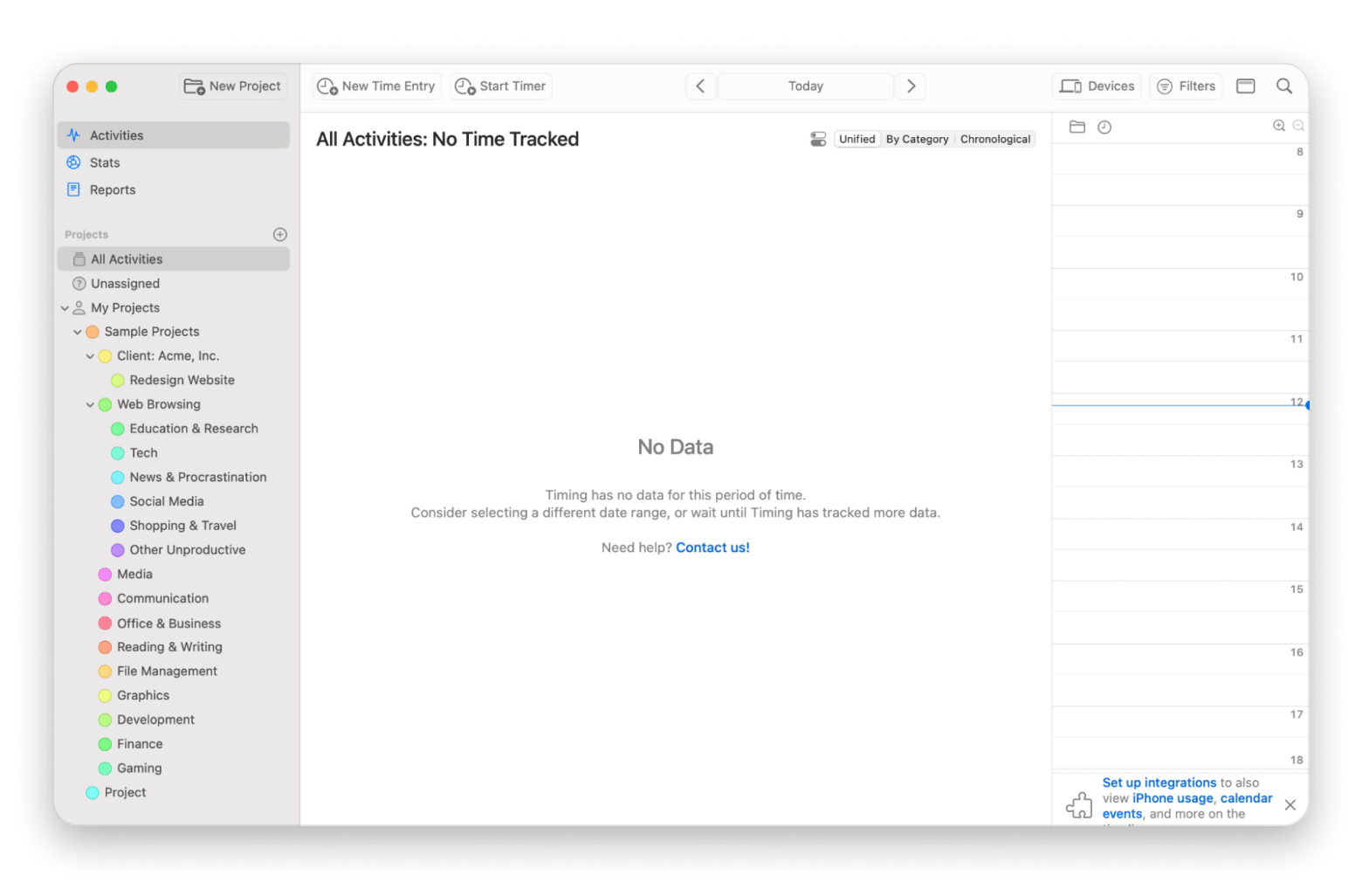 The productivity-based time settings of Timing, the time tracking app that is available on Setapp