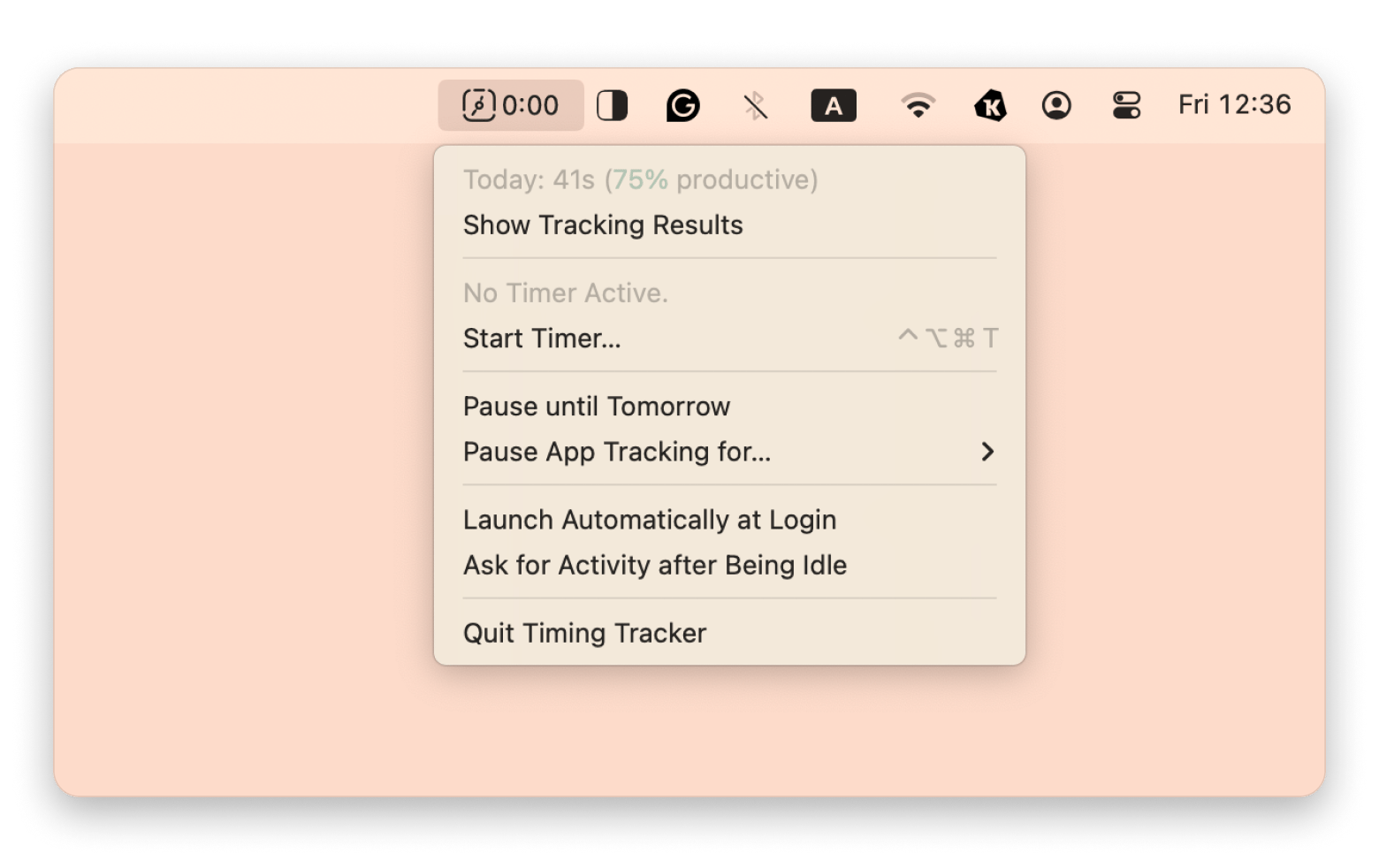 The menu bar of Timing, a time-tracking app that is available on Setapp