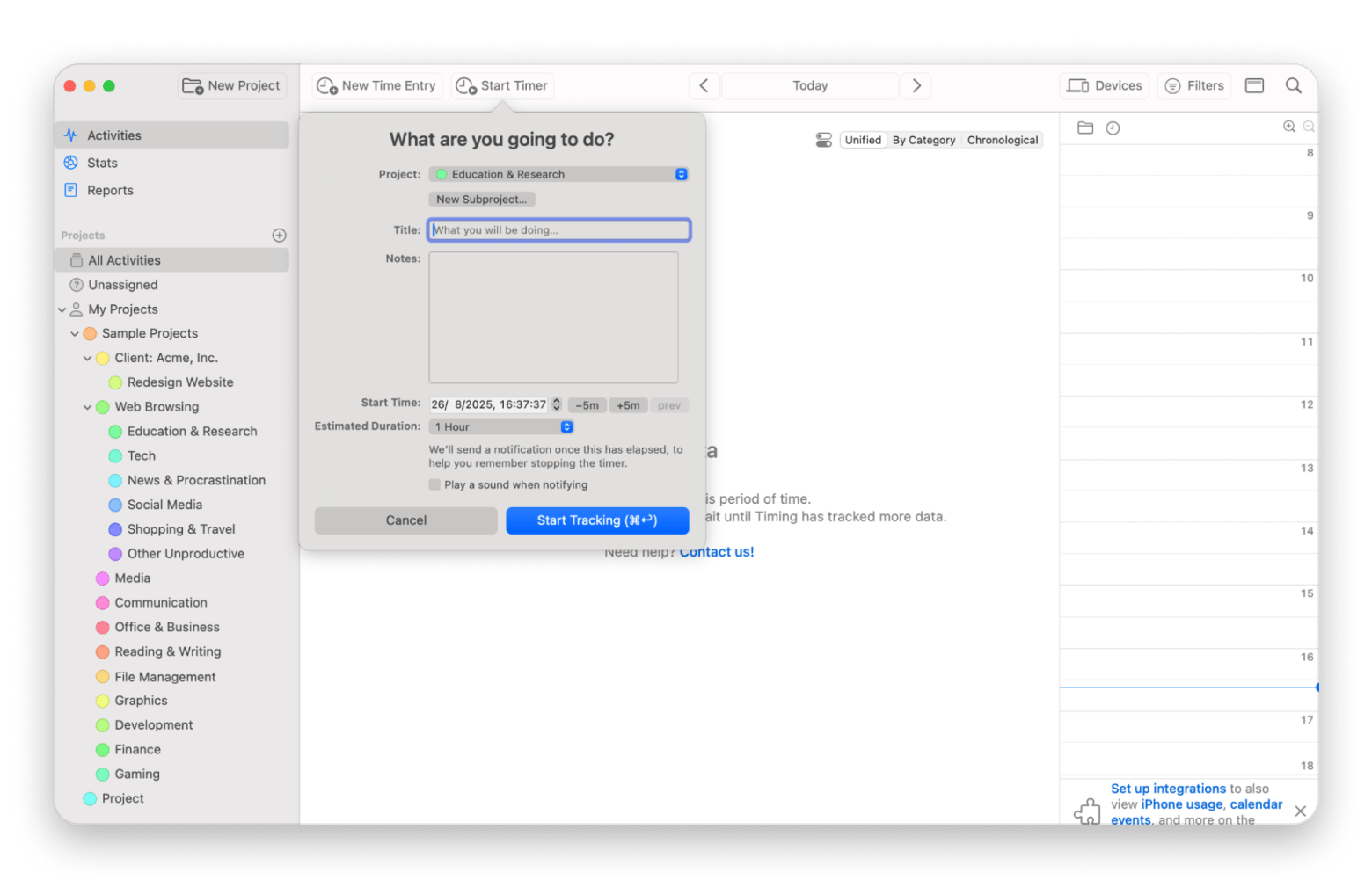 The Start Timer feature of Timing, a time-tracking app that is available on Setapp