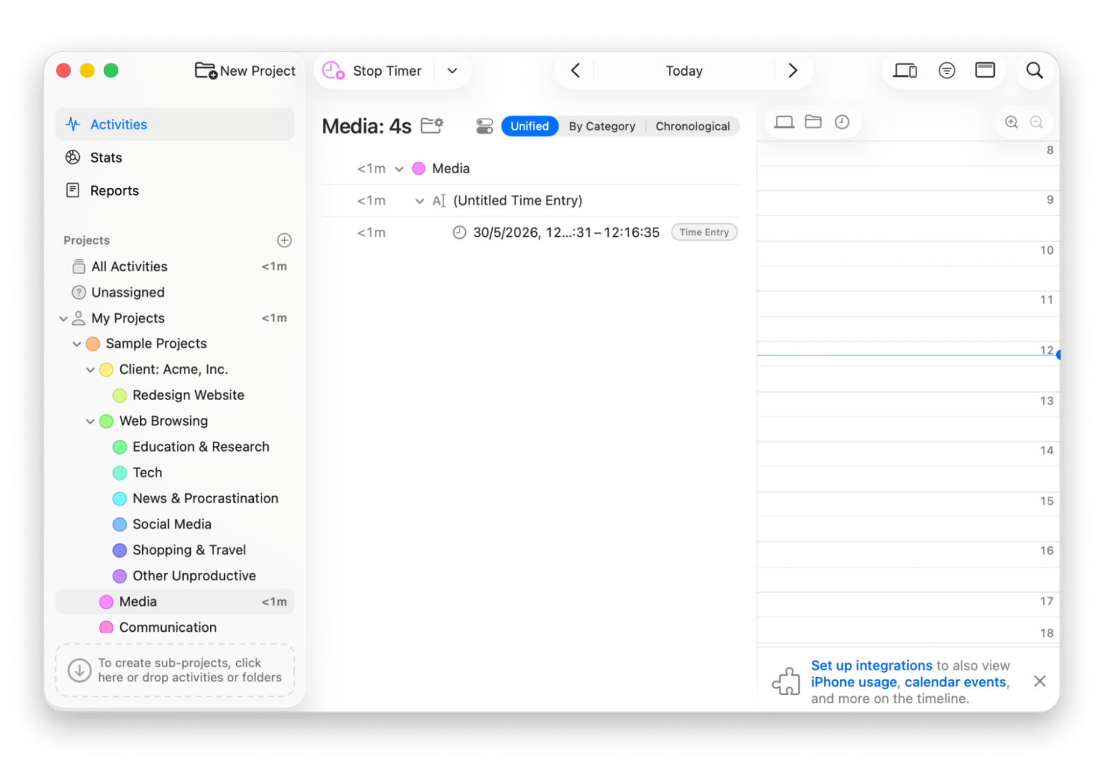 The daily activity timeline in Timing, a time tracking app available on Setapp