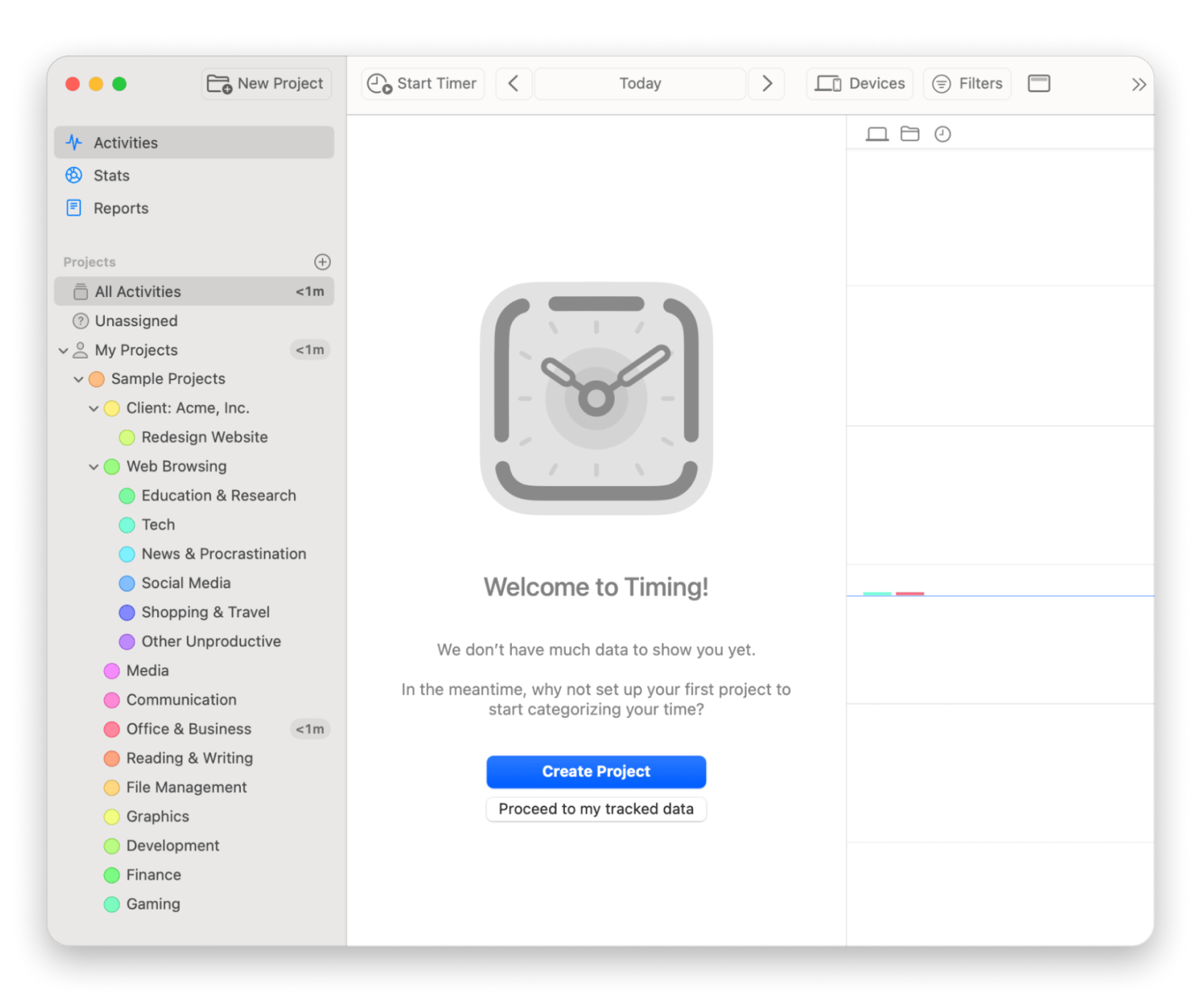 The interface of Timing, a time-tracking app that is available on Setapp