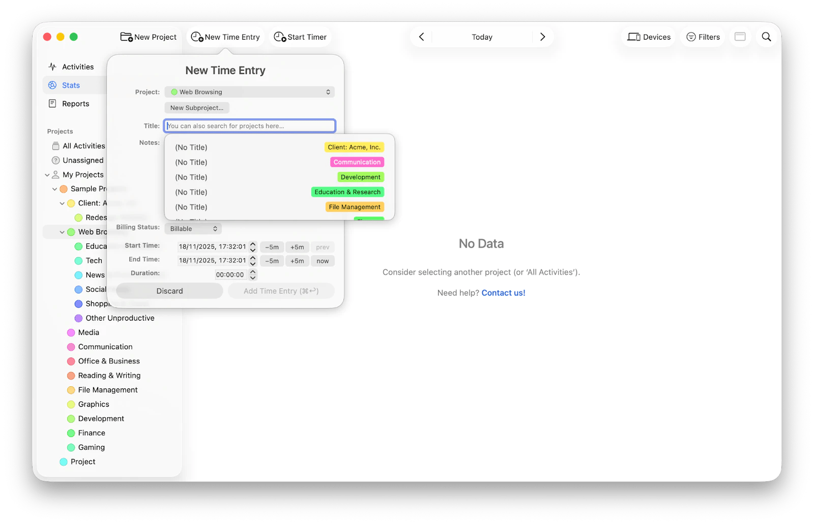 The New Time Entry settings in Timing, a time tracking app that is available on Setapp.
