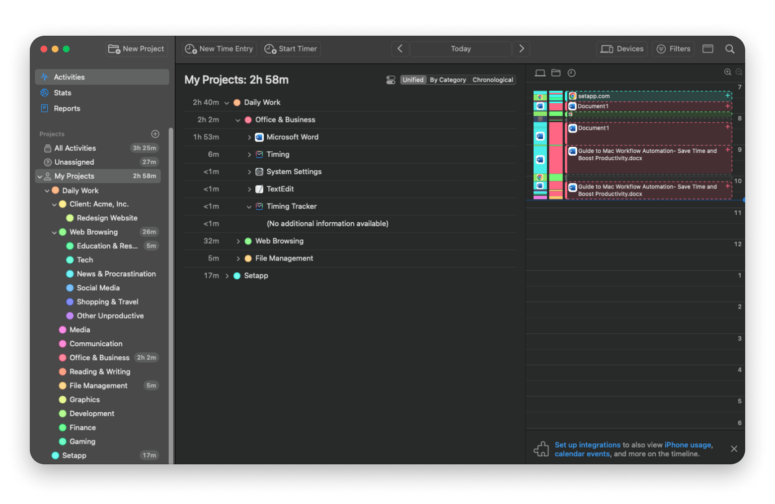 The interface of the Timing app, an automatic time tracking tool available on Setapp