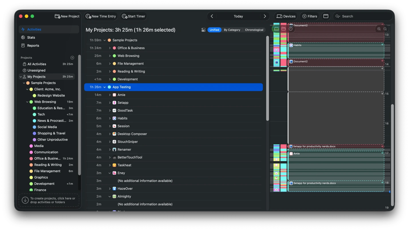 Viewing the tracked-activities dashboard in Timing, a time-tracking app from Setapp