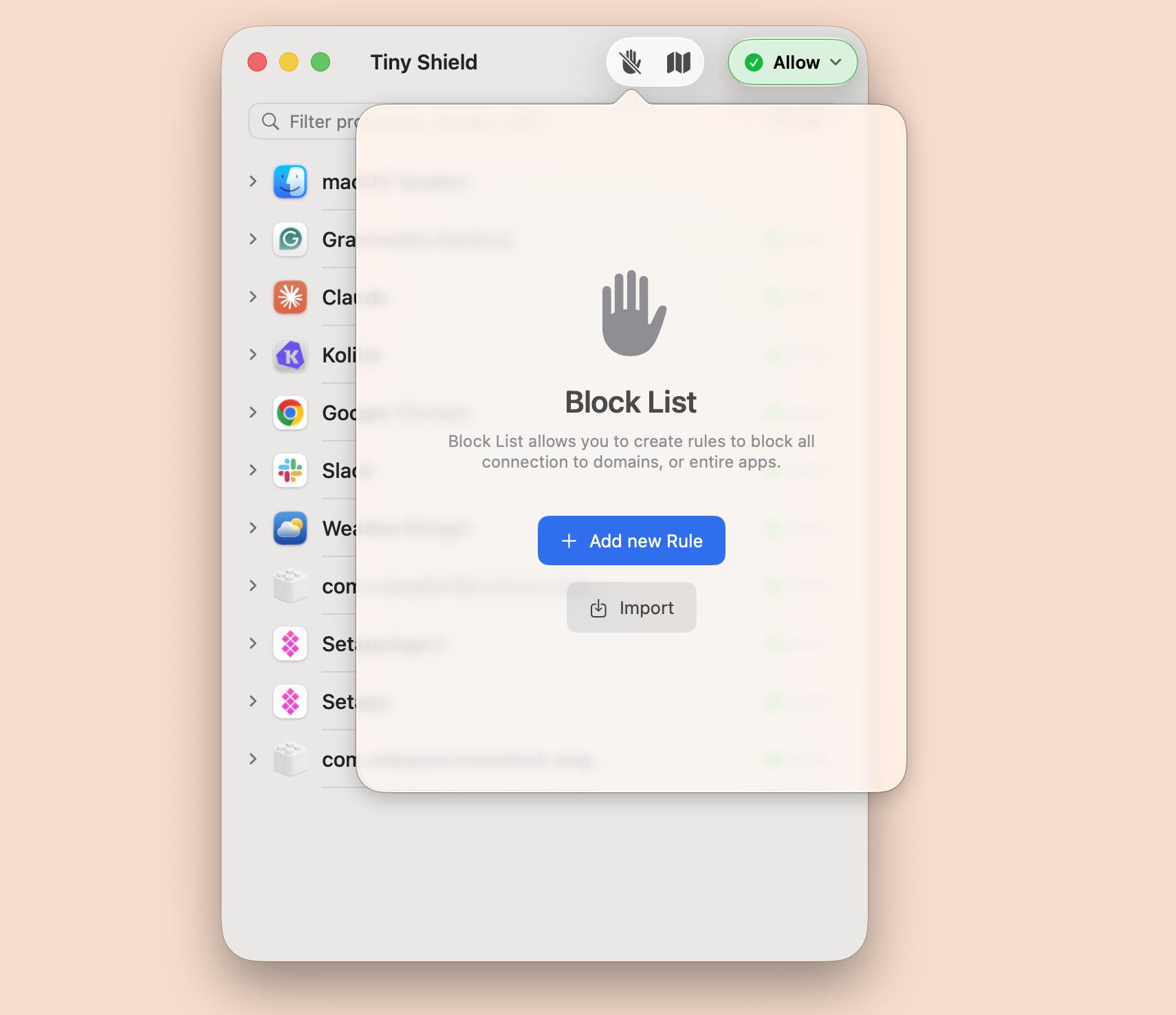 The block list of Tiny Shield, a Mac connection monitor tool that is available on Setapp.