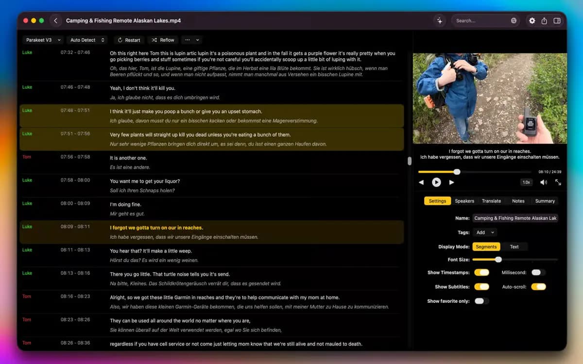 Segment and speaker editing in TranscribeX, a subtitle app available on Setapp