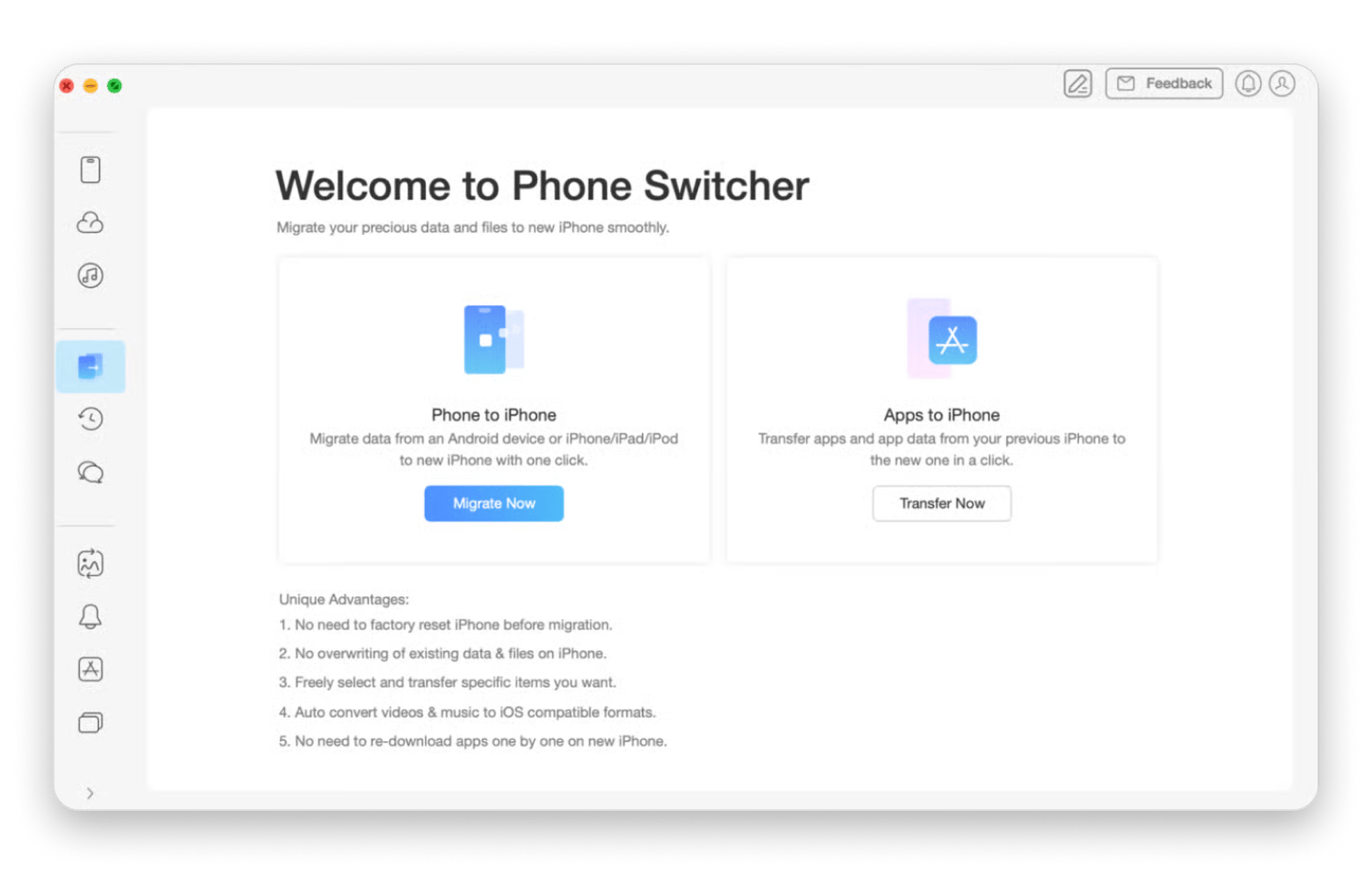 The Phone Switcher tab of AnyTrans for iOS, a file transfer app that is available on Setapp 