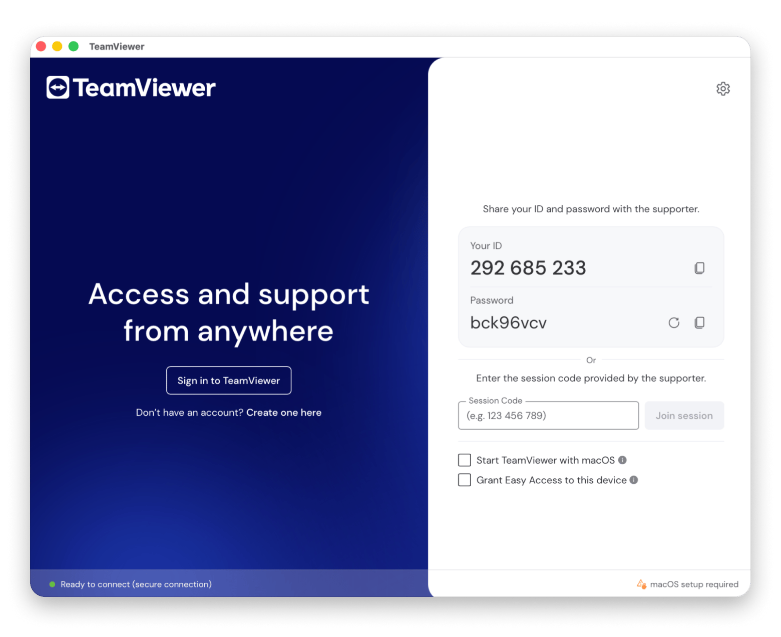 TeeamViewer start window TeeamViewer start window