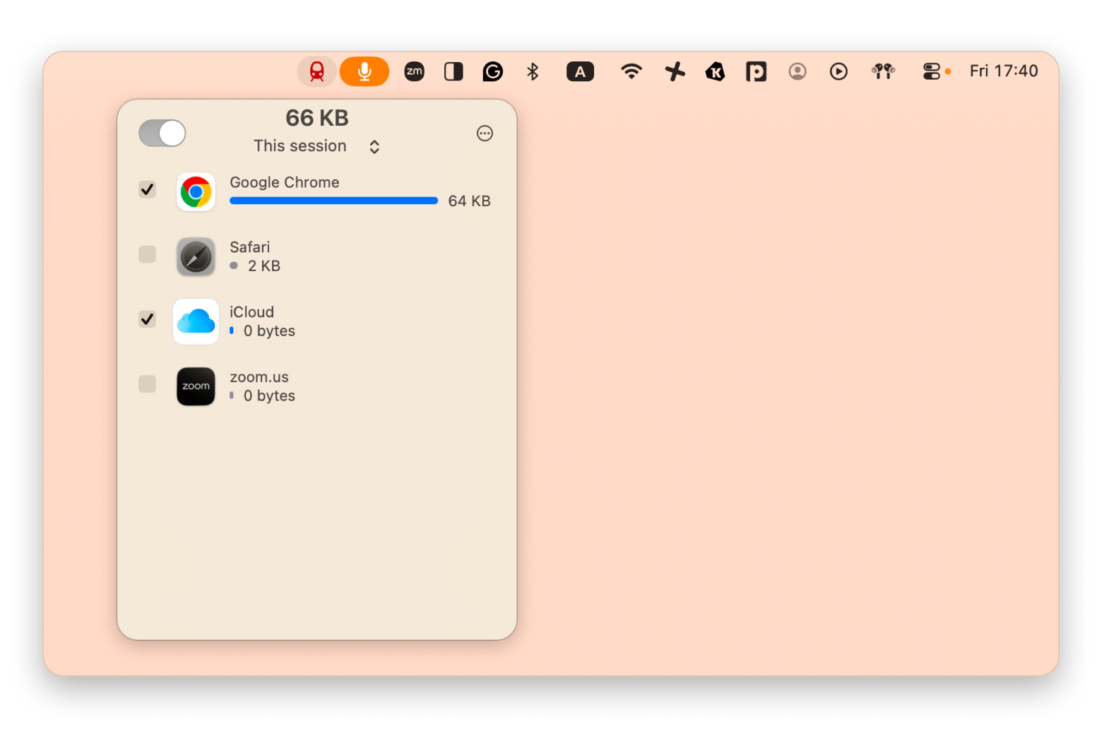 The menu bar of TripMode, an internet data saving app that is available on Setapp.
