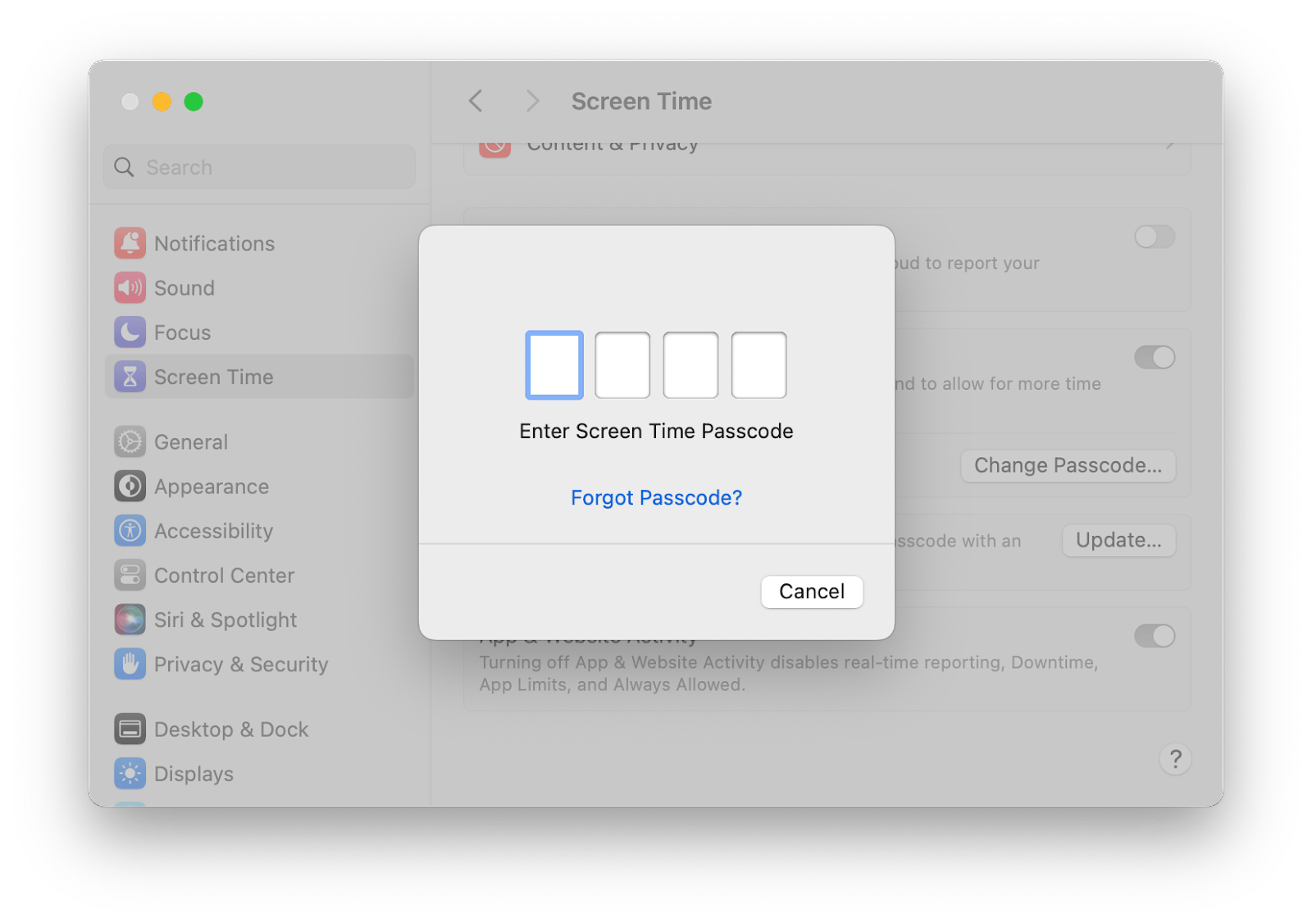 turn off screen time passcode mac