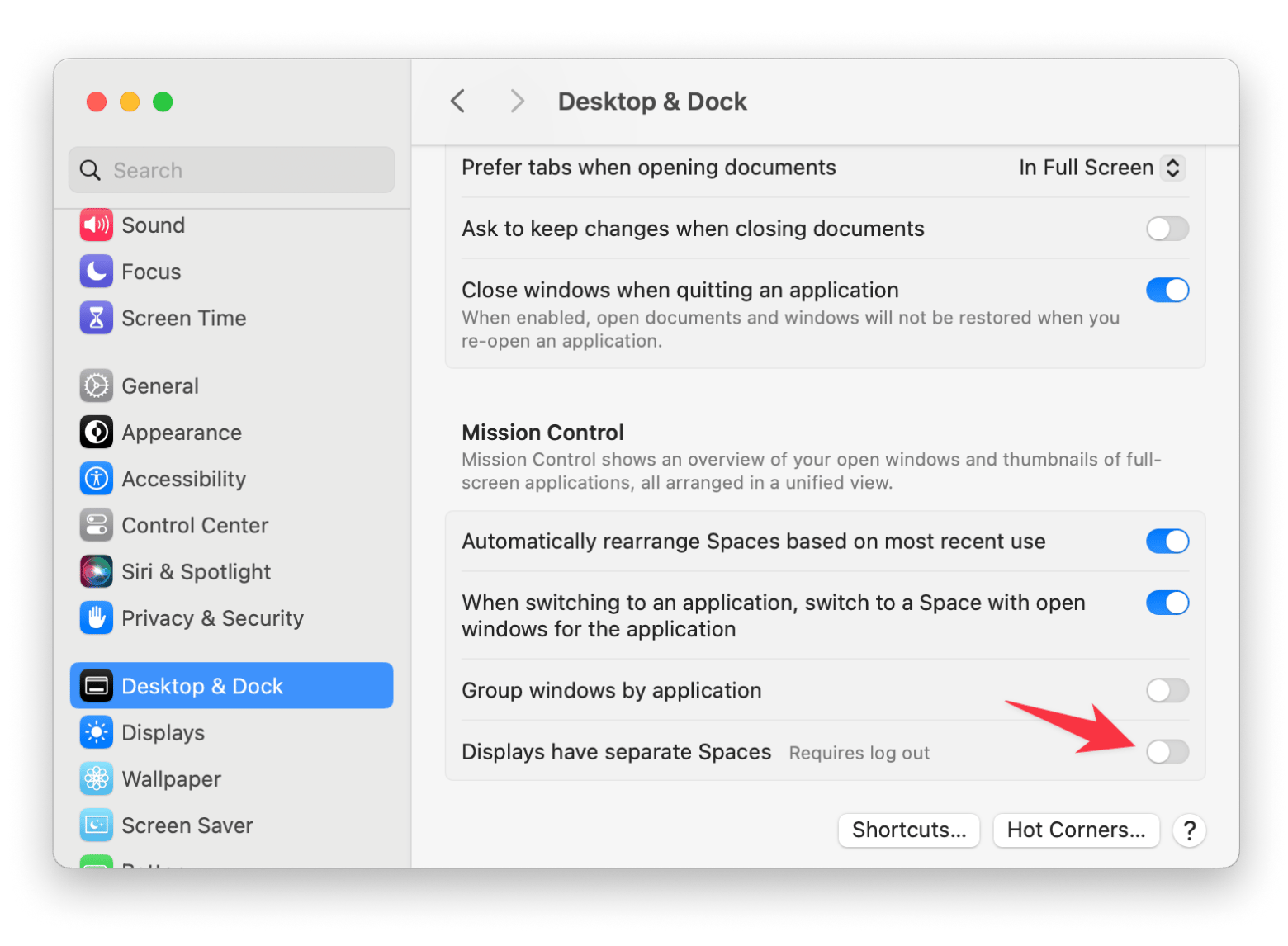 turn off separate spaces for displays